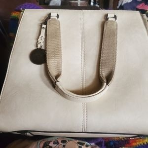 Simply Noelle Leather Tote purse cream color with canvas and metal accents